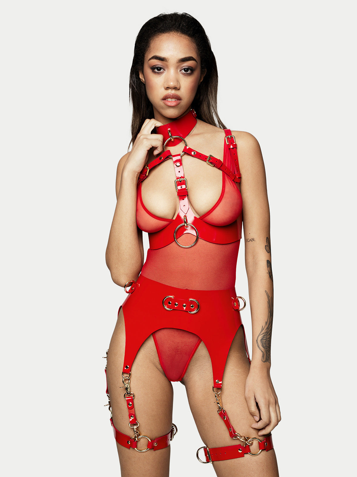 Шкіряний комплект Бра та Гартери "Adore" Червоний