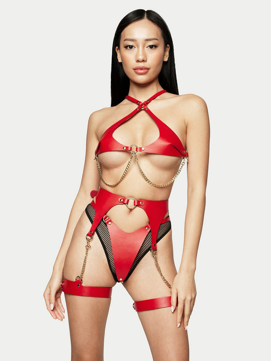 Шкіряний комплект Бра, Гартери, Трусики та Наручники "Lilit" Червоний