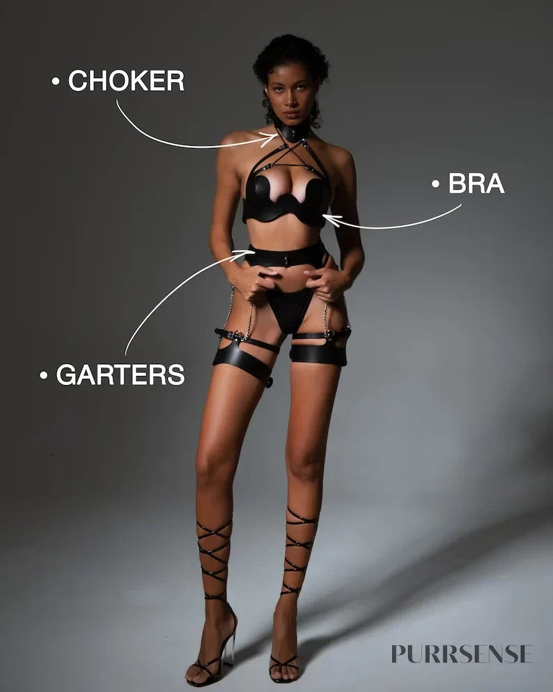 Шкіряний комплект Бра та Гартери "Doja" Червоний